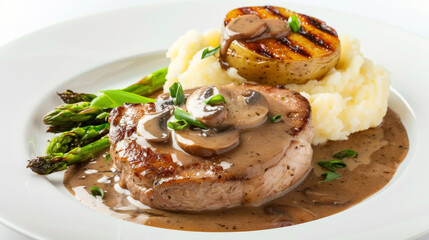 Veal escalope with mushroom sauce, mashed potatoes, and grilled asparagus on a clean white background.