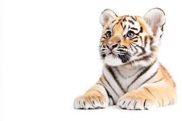 Obraz premium Curious Siberian tiger cub with striped fur lying down in a winter setting on a white background