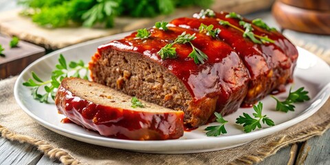 Aerial Photography of Juicy Meatloaf with Sweet Glaze on White Plate Garnished with Fresh Herbs - Delicious Comfort Food for Home Cooking and Culinary Inspiration