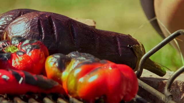 A rustic outdoor scene of vegetables grilling over a wood fire, an essential step in making traditional Romanian zacusca. The fire-roasted vegetables bring out deep, smoky flavors