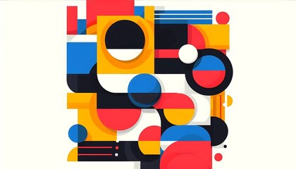 Naklejka premium Bold overlapping rectangles and circles in bright primary colors, creating balanced abstract design with sharp contrasts and playful energy,generative ai