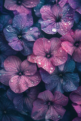 Obraz premium A large group of purple and pink flowers with dew drops