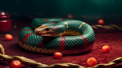 3D snake for 2025 Chinese New Year. Full body, Chinese style, red gold green. Background. Perfect for zodiac, Lunar New Year designs, and premium projects.