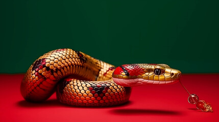 3D snake for 2025 Chinese New Year. Full body, Chinese style, red gold green. Background. Perfect for zodiac, Lunar New Year designs, and premium projects.