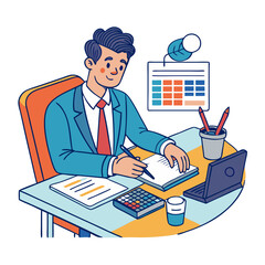 Hand-drawn accountant checking data at a desk in the office. Perfect for: Tax Season, Offices, Corporate Environments