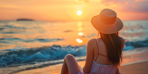Rear view of a woman with straw hat and white summer dress relaxing on the beach and watching the sunset