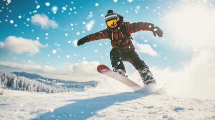 A snowboarder skillfully performs tricks on a snowy slope in a winter landscape under a bright sun