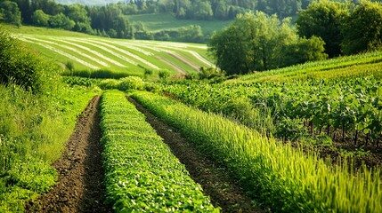 A photostock image of organic farming practices in a green, lush field, perfect for sustainable agriculture themes,