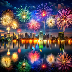 Fototapeta premium A stunning display of fireworks illuminates a city skyline