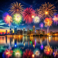 A stunning display of fireworks illuminates a city skyline