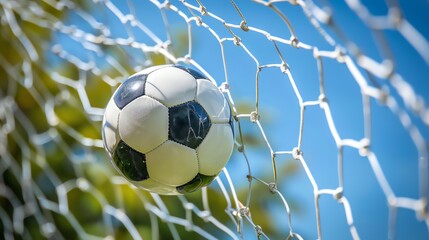Fototapeta premium A soccer ball in the back of the goal net.