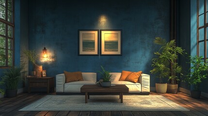 Modern and exquisite empty room design, with dark brown red, rich navy blue, and soft desaturated sage green as the main colors, paired with light gray walls and dark wooden floors