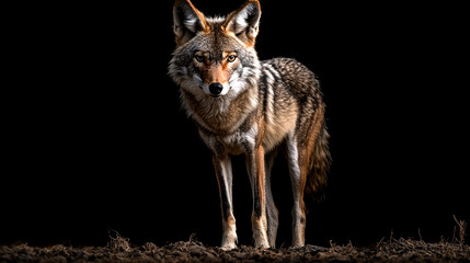 Fototapeta premium A coyote standing on a dark background, looking directly at the camera.
