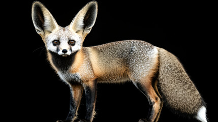Obraz premium A Fennec Fox with large ears stands facing the camera on a black background.