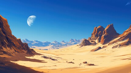 Naklejka premium Desert Landscape with a Crescent Moon