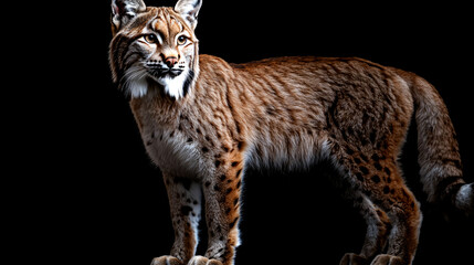 Fototapeta premium A Eurasian lynx stands on a black background, looking to the left of the frame.