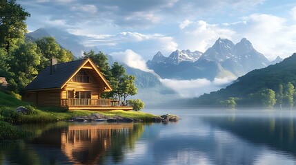 Fototapeta premium A wooden cabin sits on the edge of a tranquil lake in a mountainous landscape, with fog rising from the water.