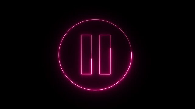 Animated neon pause icon animation. Neon glowing pause button.