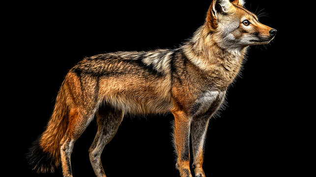 A golden jackal with a black background looking to the right.