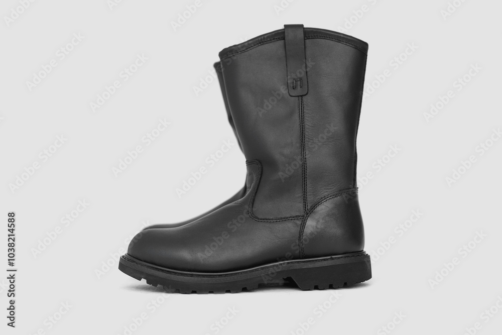 Wall mural black leather boots on white background. fashion