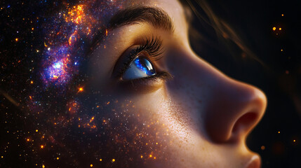 Primer plano de mujer con fondo de galaxia por detr&aacute;s