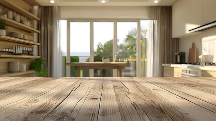 Obraz premium Top counter in kitchen background, interior wood blur, empty wooden room, light white. Modern window food display design texture tabletop restaurant board 