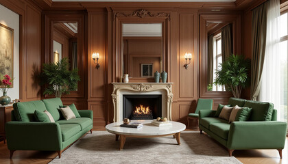 Elegant traditional living room with green sofas and fireplace