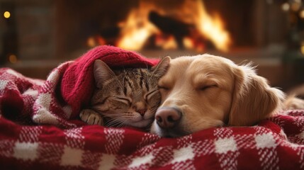 An adorable cat and dog cuddling together next to a warm fireplace in a decorated living room on Christmas Eve.