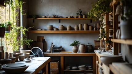 A cozy home pottery studio, Clay, pottery wheels