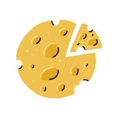 Round Cheese with slice triangle cheez part. Cheesy Food Vector Illustration in Hand Drawn Style on White Isolated Background