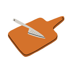 Wooden Cutting Board with Knife. Kitchen Utensil Object Vector Illustration in Hand Drawn Style on White Isolated Background