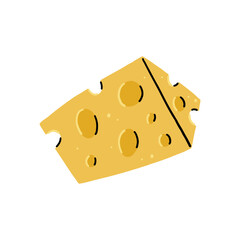 Triangle Piece of Cheese. Cheesy Food Vector Illustration in Hand Drawn Style on White Isolated Background
