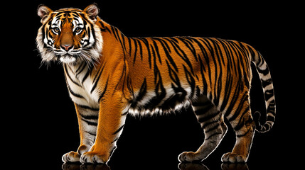 Fototapeta premium A majestic tiger stands on a black background.