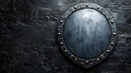 A medieval shield made of metal with a dark background.