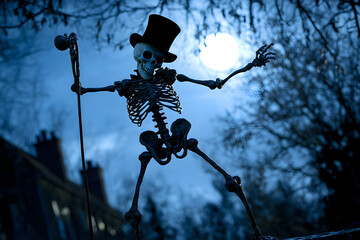 A whimsical scene of a skeleton dancing under the moonlight with a top hat and cane 
