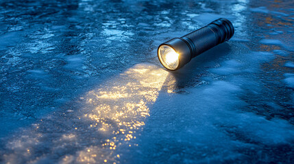 The light is shining on a small object, which appears to be an old flashlight.