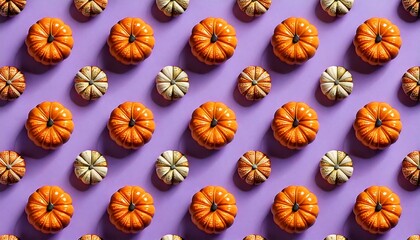 Realistic mini pumpkins pattern on light lilac background