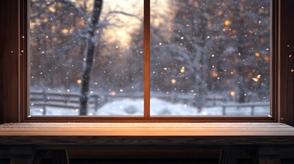 Wooden Windowsill with Snow-Covered Winter Landscape View