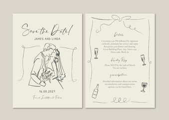 Hand drawn whimsical minimalist wedding invitation 