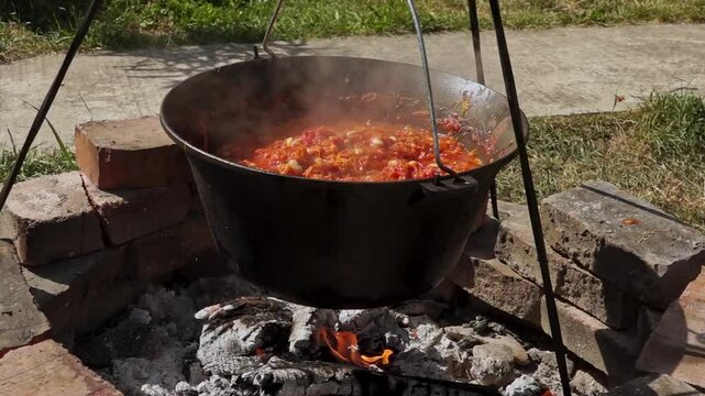 A traditional Romanian cooking moment where tomato puree is poured into a cauldron over a wood fire. This rustic outdoor scene captures the making of authentic zacusca, a flavorful spread