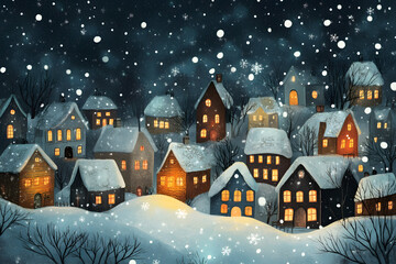 A whimsical illustration of snowflakes falling over a small, sleepy village, each house glowing warmly from within