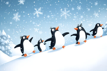 A whimsical illustration of penguins sliding down an icy hill, with snowflakes falling around