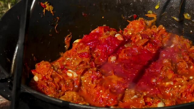 A traditional Romanian cooking moment where tomato puree is poured into a cauldron over a wood fire. This rustic outdoor scene captures the making of authentic zacusca, a flavorful spread