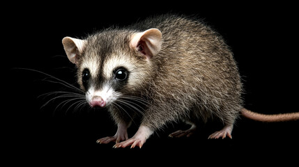 Obraz premium A small, brown opossum with white markings on its face and a long, thin tail stands on a black background.