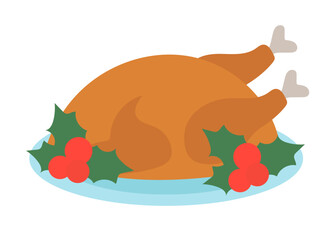 Roasted chicken or turkey on plate with mistletoe. Christmas Food element. Winter holidays Dish. Vector flat illustration.