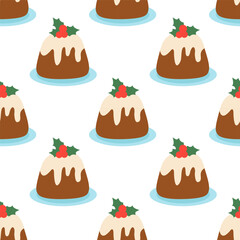 Seamless Pattern. Christmas pudding with mistletoe. Winter food. Vector Flat Illustration.