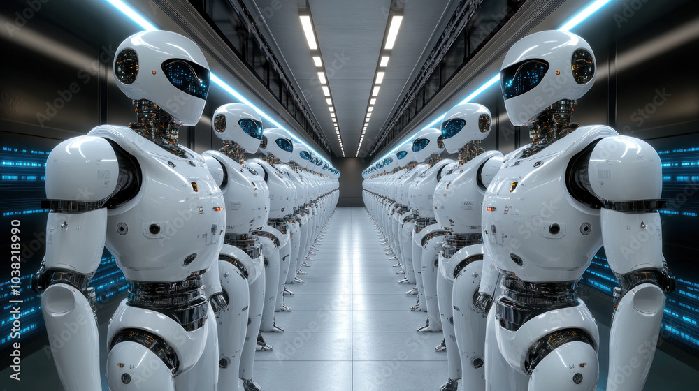 Poster a row of white robots stand in a long hallway. the robots are all the same size and shape, and they 