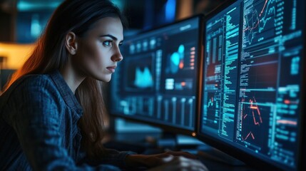 Business analyst tracking performance on dashboard, reviewing up-to-date metrics to assess the company's financial and operational health. The dashboard is central to monitoring business success