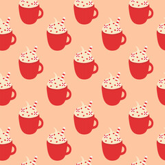 Seamless Pattern. Red Christmas cup with whipped cream, lollipops. Winter drink. Vector flat illustration.