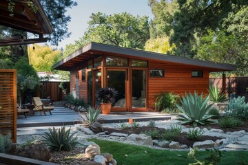 Fototapeta premium Small modern guest house with wood siding and a shed roof is nestled into a lush garden